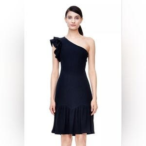 Rebecca Taylor Black Ruffle One Shoulder Ribbed Knit Stretch Dress